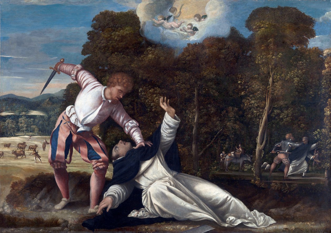 La mort de Saint Pierre de Verone - Peinture attribuee a Bernardino da Asola (actif 1525-1550), huile sur toile (102x144,8 cm), vers 1540 - （《圣彼得烈士之死》，Bernardino da Asola 创作的布面油画 作者 贝纳迪诺·达索拉