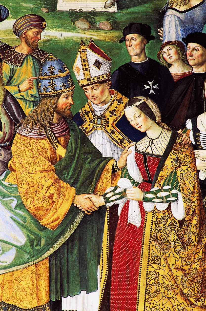 锡耶纳主教Aeneas Sylvius向皇帝腓特烈三世和他未来的妻子阿拉贡的埃莉诺赠送礼物 作者 贝纳迪诺·贝托·平图里基奥