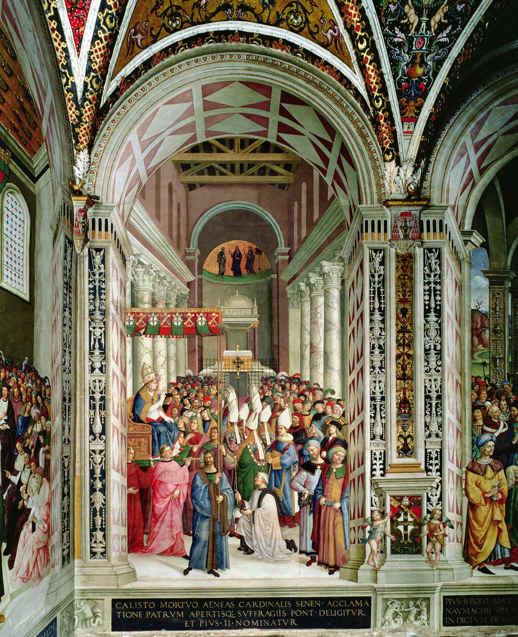埃涅阿斯·西尔维乌斯·皮科洛米尼（Aeneas Sylvius Piccolomini，1405-64 年），当选教皇，名为庇护二世 (Pius II)，于 1458 年 9 月 3 日进入圣彼得大教堂 作者 贝纳迪诺·贝托·平图里基奥
