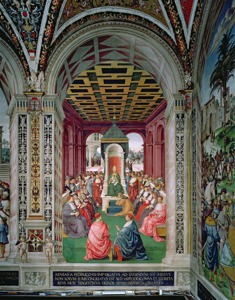 Aeneas Sylvius Piccolomini（1405-64 年）于 1447 年 2 月 7 日向教皇欧根纽四世（1383-1447 年）发表臣服宣言 作者 贝纳迪诺·贝托·平图里基奥