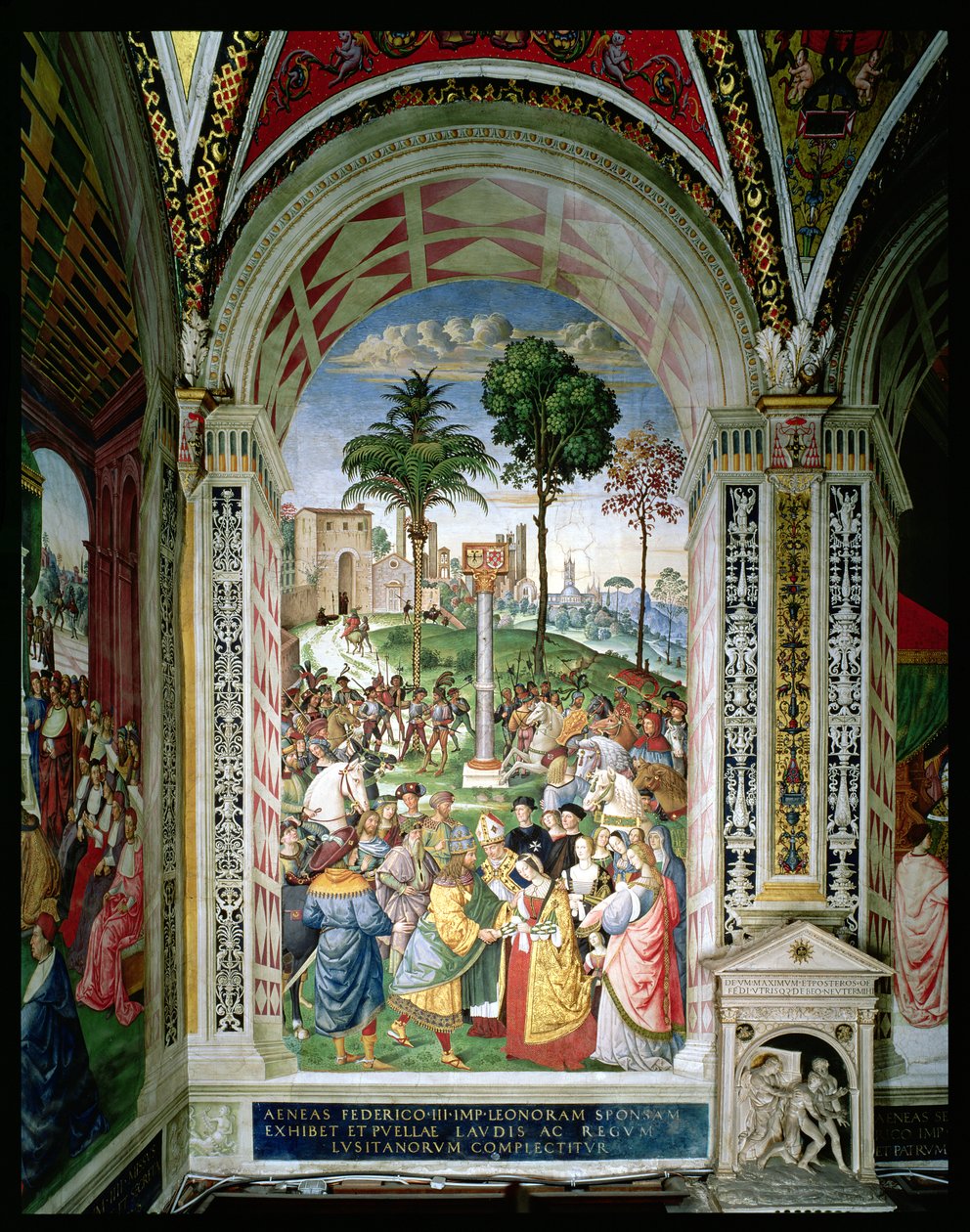1452 年 2 月 24 日，埃涅阿斯·西尔维乌斯·皮科洛米尼 (Aeneas Sylvius Piccolomini) (1405-64) 将阿拉贡的埃莉奥诺拉赠送给腓特烈三世 (1415-93)（壁画） 作者 贝纳迪诺·贝托·平图里基奥