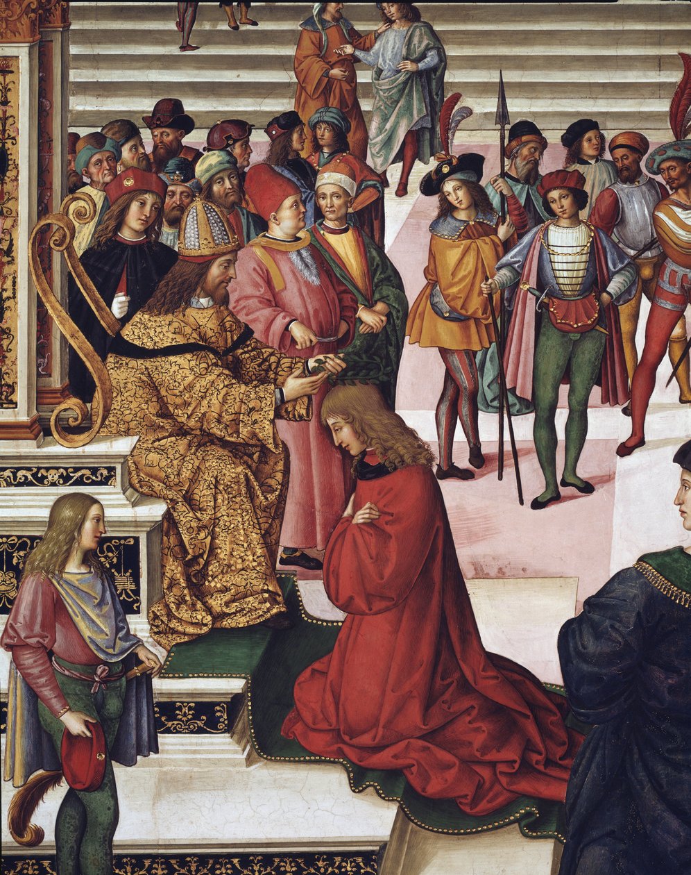 Enea Silvio Piccolomini（庇护二世）被皇帝腓特烈三世加冕为短诗人。 细节 - 壁画 作者 贝纳迪诺·贝托·平图里基奥
