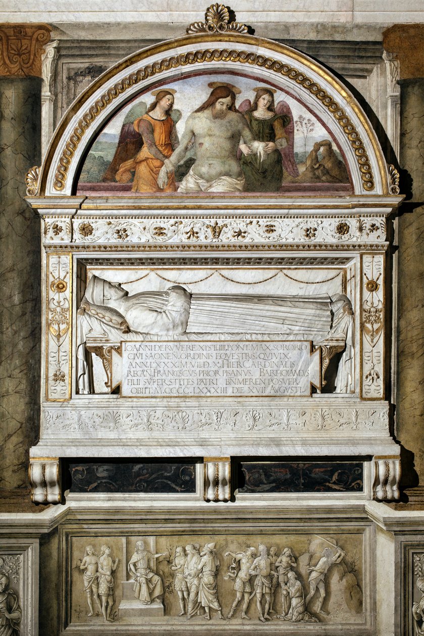 向 Giovanni Basso della Rovere (1403-1483) 致敬的葬礼纪念碑 - 顶部“两个天使支持的死基督”（两个天使支持的死基督） - Pinturicchio（Bernardino di Betto）的壁画（1454-1513）1484- 1492 罗马，圣玛大教堂 作者 贝纳迪诺·贝托·平图里基奥