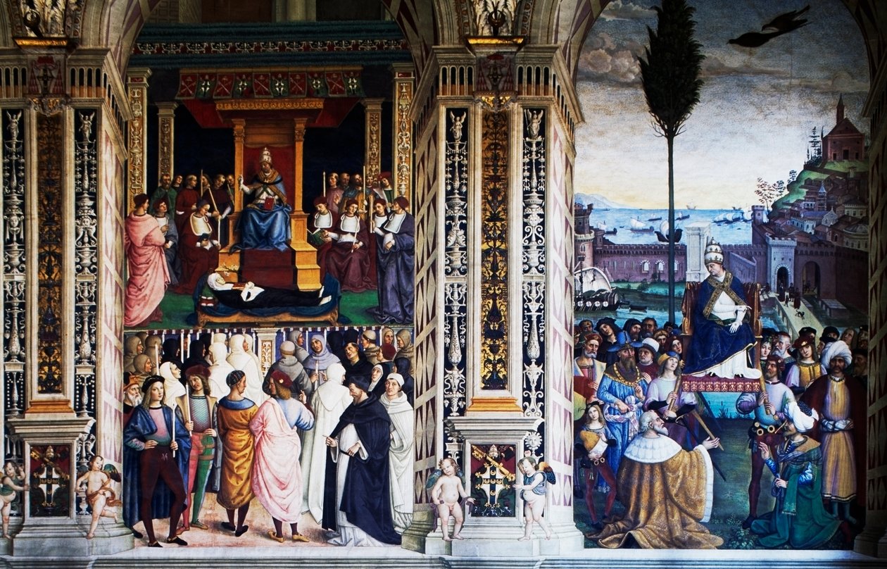 庇护二世抵达安科纳开始十字军东征（16世纪），平图里奇奥（1452-1513）的壁画，意大利托斯卡纳锡耶纳大教堂Piccolomini图书馆 作者 贝纳迪诺·贝托·平图里基奥