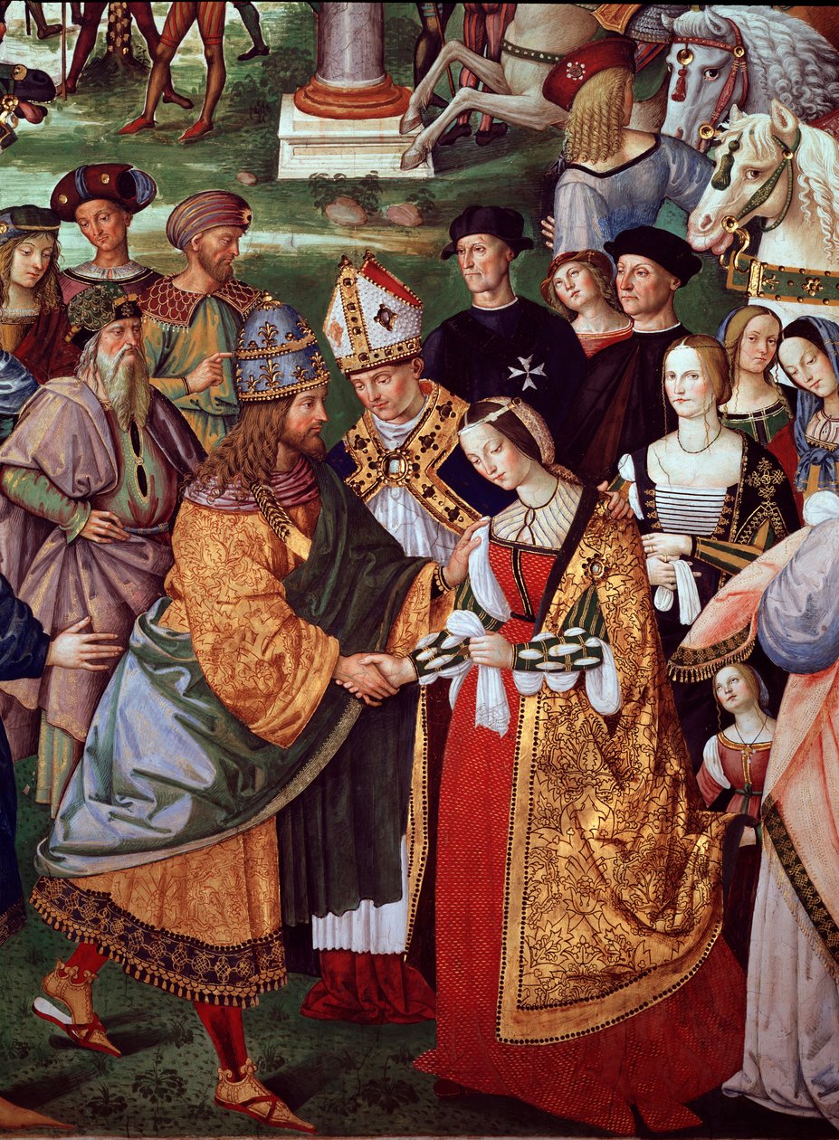 诗人埃尼·西尔维奥·皮科洛米尼 (Enee Silvio Piccolomini) 在卡莫利亚门 (Camollia Gate) 向神圣帝国皇帝腓特烈三世 (Emperor Frederic III) 呈献葡萄牙的埃莱奥诺尔 (Eleonore)。 教皇庇护二世生平细节（壁画） 作者 贝纳迪诺·贝托·平图里基奥