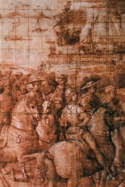 “埃涅阿斯·西尔维乌斯·皮科洛米尼（Aeneas Sylvius Piccolomini，1405-64）巴塞尔议会之旅”的预备漫画（纸上笔墨）（细节） 作者 贝纳迪诺·贝托·平图里基奥