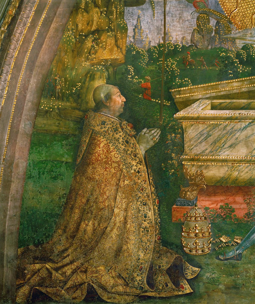 复活教皇亚历山大六世-博尔哈跪在空石棺前（壁画） 作者 贝纳迪诺·贝托·平图里基奥