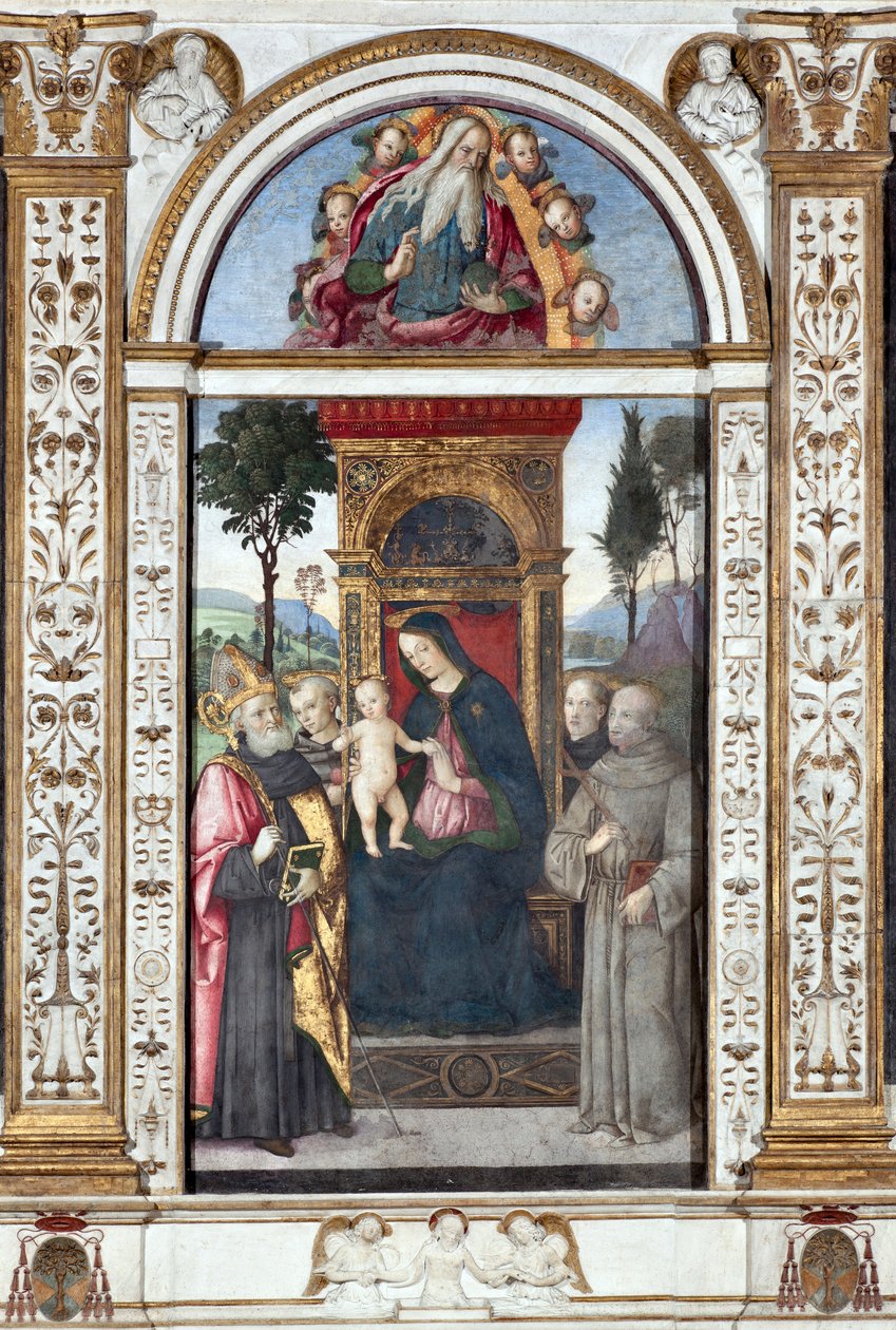圣母与孩子和圣奥古斯丁、圣方济各和帕多瓦的圣安东尼 - Pinturicchio (Bernardino di Betto) 的壁画 (1454-1513) 1484-1492 罗马，圣玛丽亚德尔波波罗大教堂（圣玛丽亚德尔波波罗教堂），巴索教堂della Rovere 意大利 作者 贝纳迪诺·贝托·平图里基奥