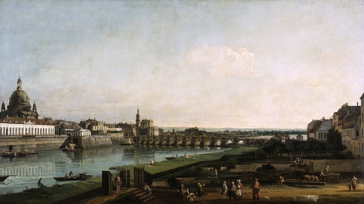 来自易北河右岸的德累斯顿，位于Augustusbrücke之上 作者 贝尔纳多·贝洛托（Canaletto）