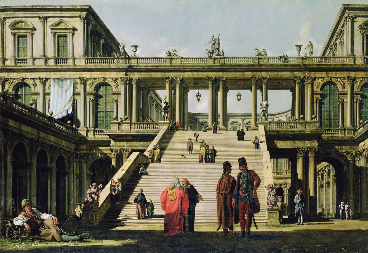 理想的景观与宫殿台阶，1762年 作者 贝尔纳多·贝洛托（Canaletto）