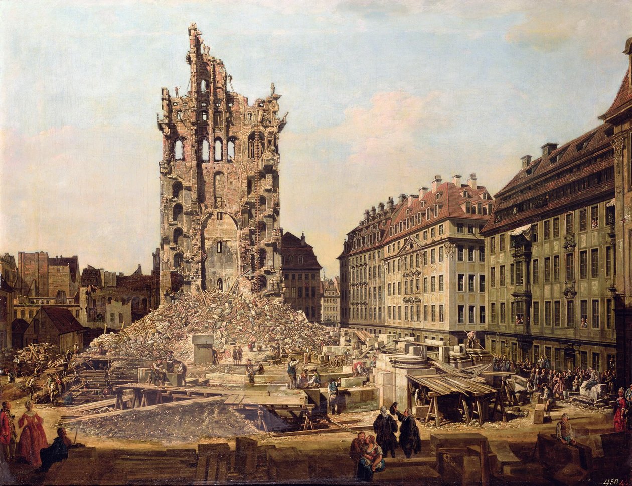 老Kreuzkirche的废墟，德累斯顿 作者 贝尔纳多·贝洛托（Canaletto）