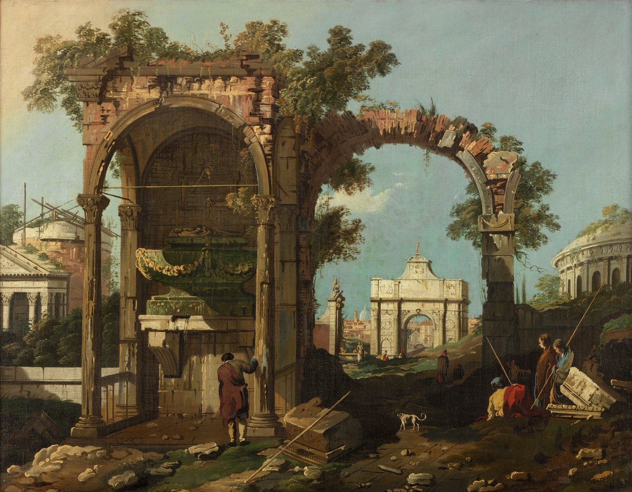 废墟和人物，罗马的郊外在Cecilia Metella墓附近，1750-1775 作者 贝尔纳多·贝洛托（Canaletto）