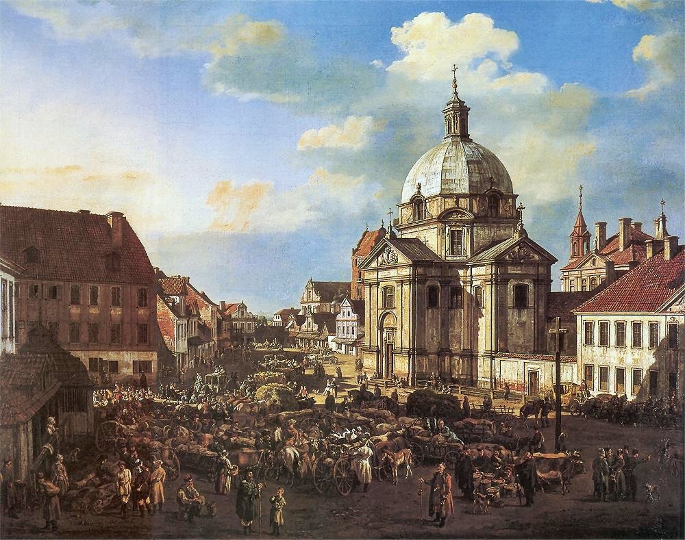 新城集市广场与圣卡齐米日教堂。 作者 贝尔纳多·贝洛托（Canaletto）