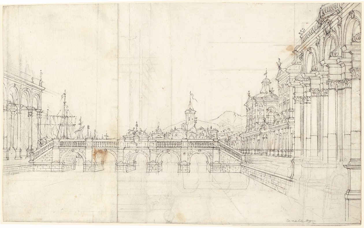宫殿的随想曲和面向古典桥的凉廊 作者 贝尔纳多·贝洛托（Canaletto）