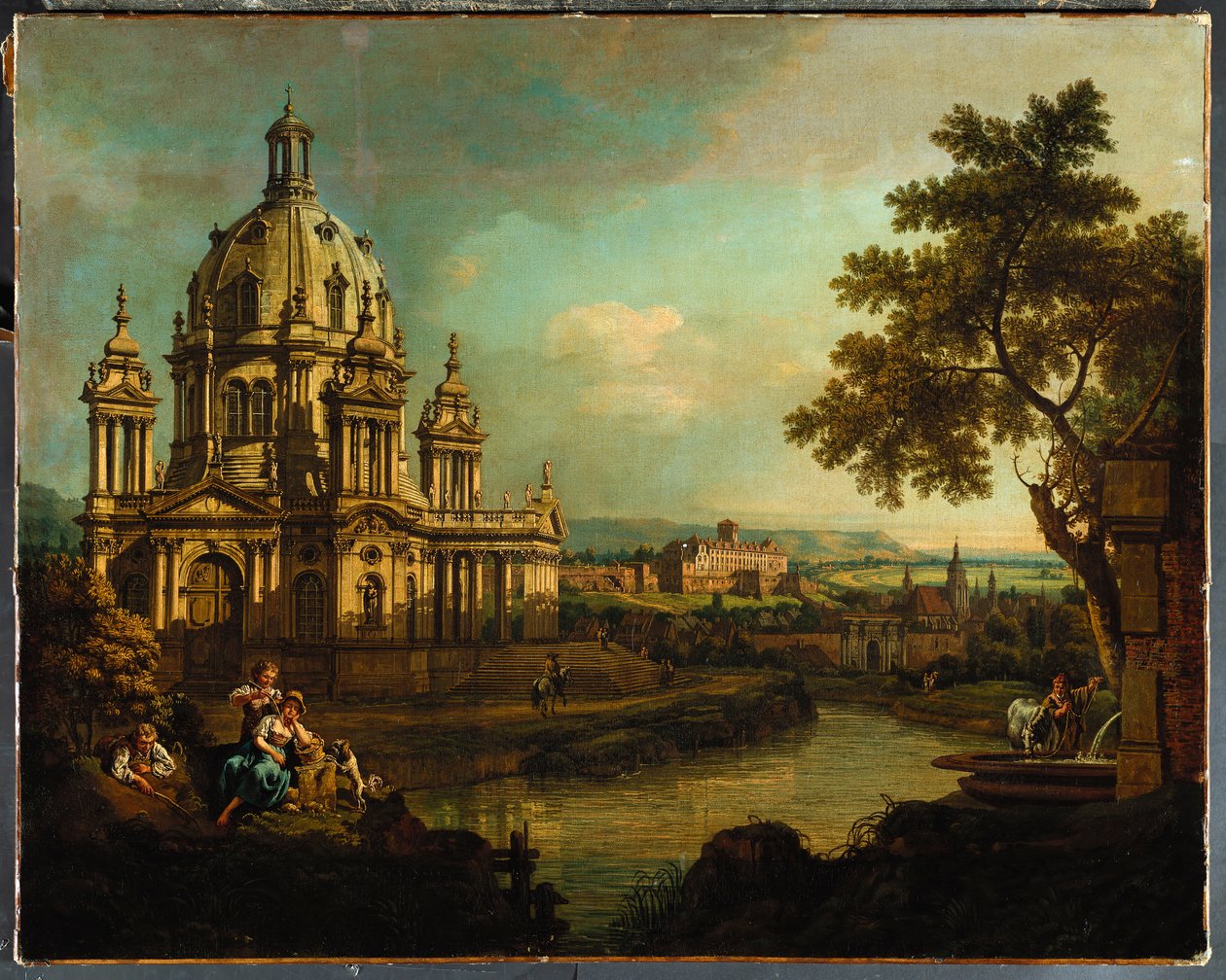 1765年在皮尔纳（Pirna）建有圆顶教堂和建筑物的随想 作者 贝尔纳多·贝洛托（Canaletto）