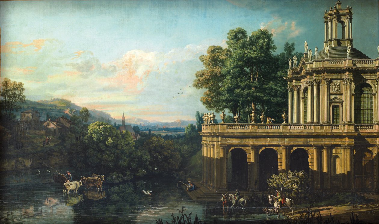 带宫殿的建筑随想曲，c。 1766 作者 贝尔纳多·贝洛托（Canaletto）