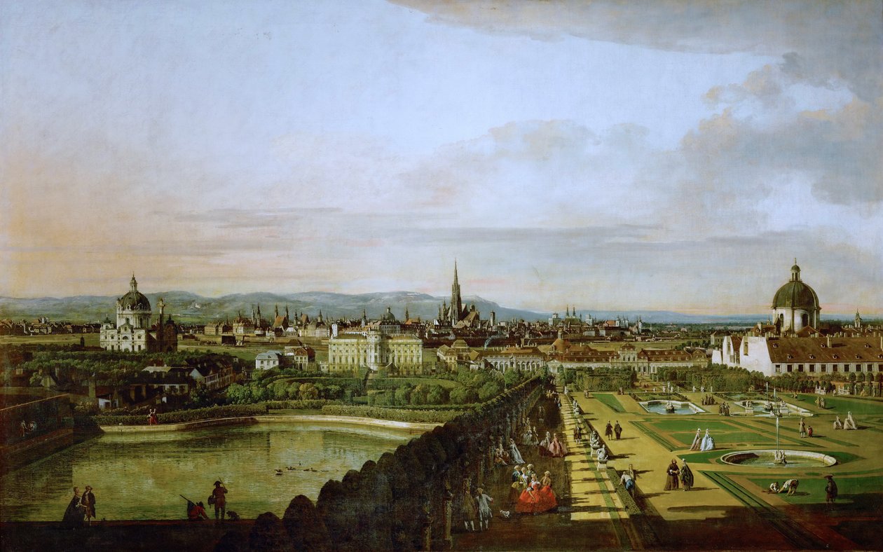 德语: Wien, vom Belvedere aus gesehen 从美景宫俯瞰维也纳 作者 贝尔纳多·贝洛托（Canaletto）