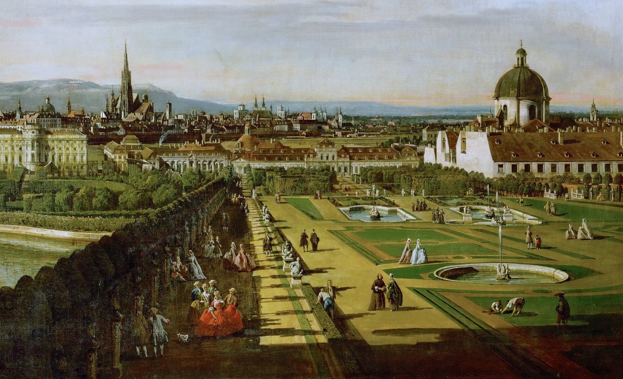 德语：Wien, vom Belvedere aus gesehen 从美景宫俯瞰维也纳 作者 贝尔纳多·贝洛托（Canaletto）