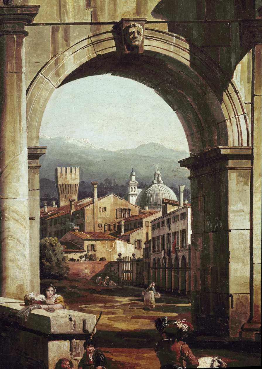 带门和墙的罗马随想曲，细节（布面油画 作者 贝尔纳多·贝洛托（Canaletto）