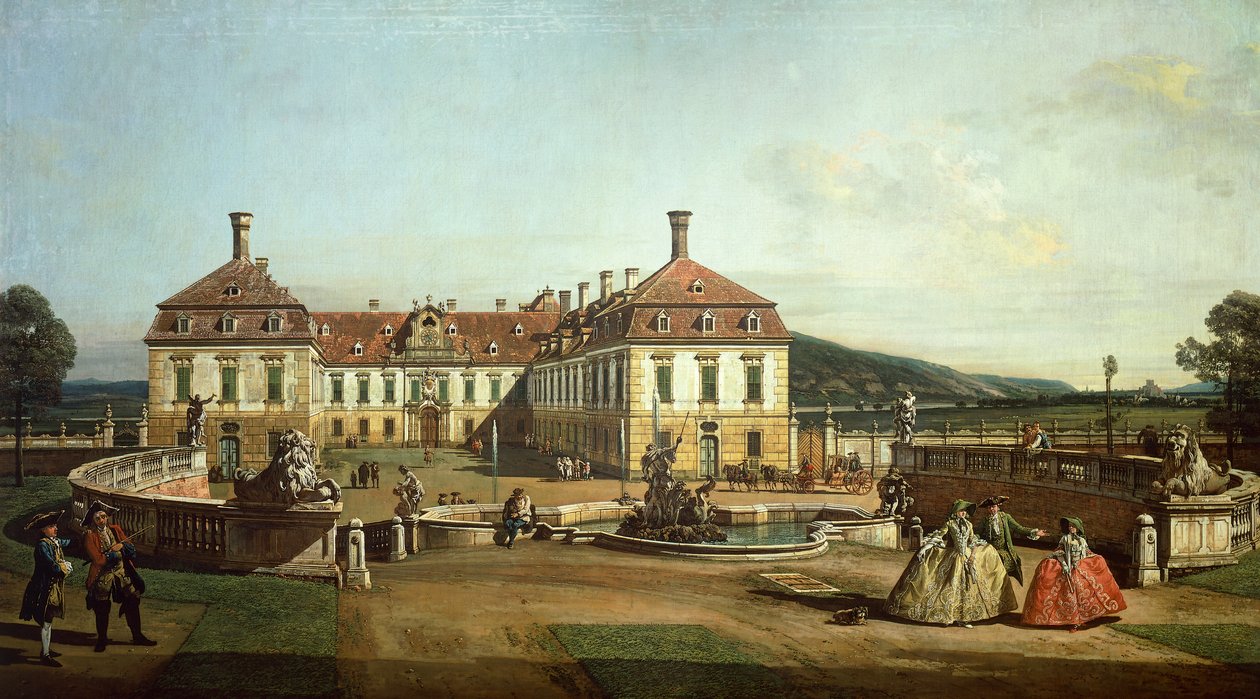 从花园一侧看 Schlosshof 皇家城堡 作者 贝尔纳多·贝洛托（Canaletto）