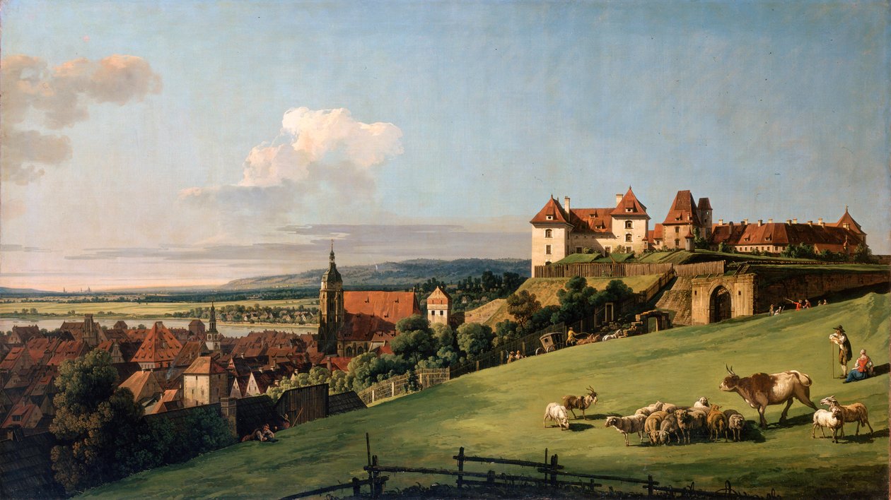 从Sonnenstein城堡看Pirna》，1750年代。   作者 贝尔纳多·贝洛托（Canaletto）