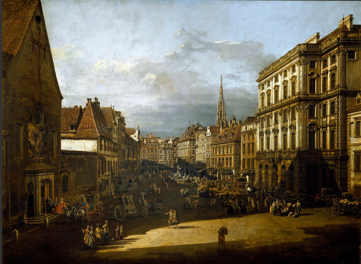 维也纳面粉市场的景色贝尔纳多·贝洛托 (Bernardo Bellotto) (1720-1780) 1760 年作画。 116x155 厘米 维也纳，艺术史博物馆 作者 贝尔纳多·贝洛托（Canaletto）