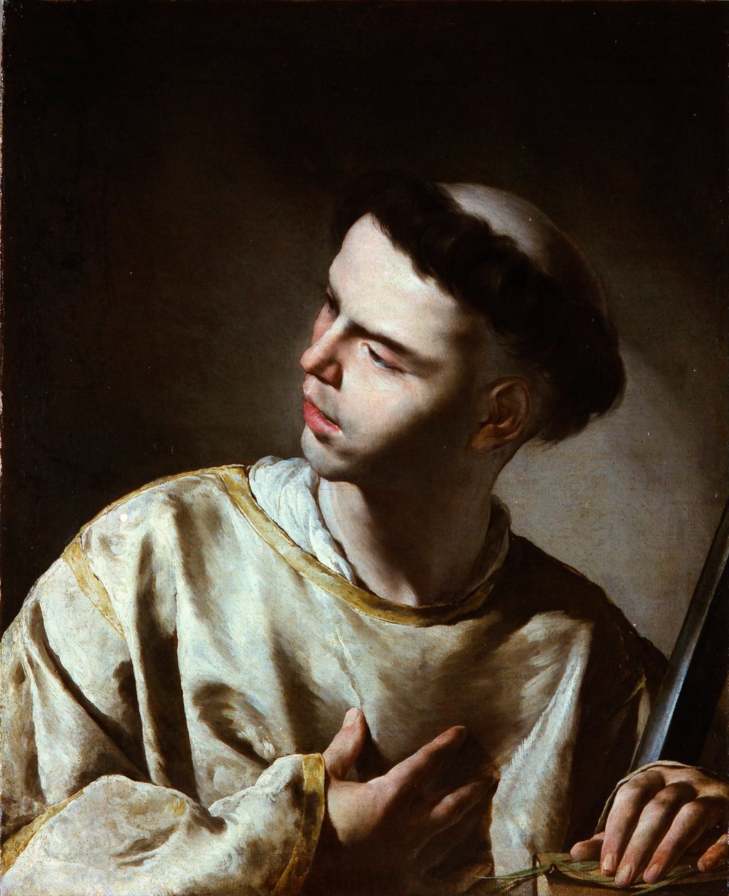 "Saint Laurent（圣劳伦斯） Peinture de Bernardo Cavallino（1616-1656 年） - 1640 年代 - 布面油画 - 尺寸 65,5x53,5 厘米 马德里拉萨罗-加尔迪亚诺博物馆 作者 贝尔纳多·卡瓦利诺