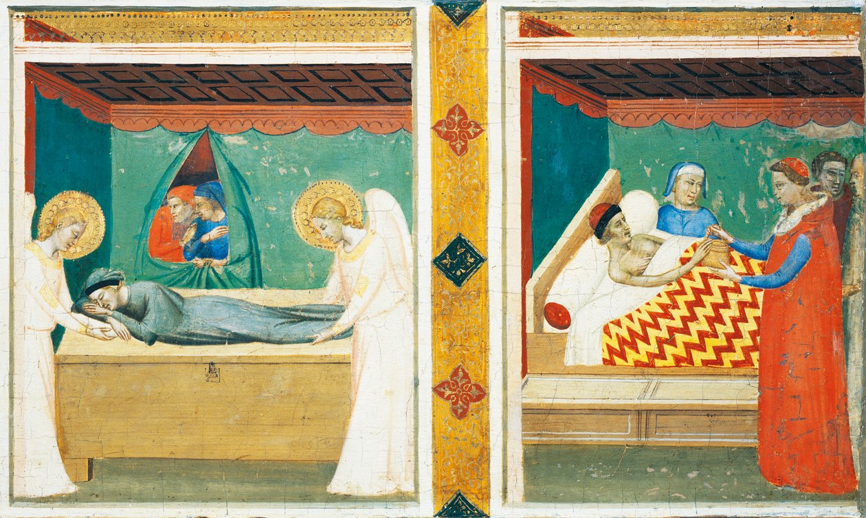 贝尔纳多-达迪（Bernardo Daddi，1290-1348 年）创作的 "神圣腰带"（Predella of the Sacra Cintola），两块瓷砖的细节 作者 伯纳多·达迪
