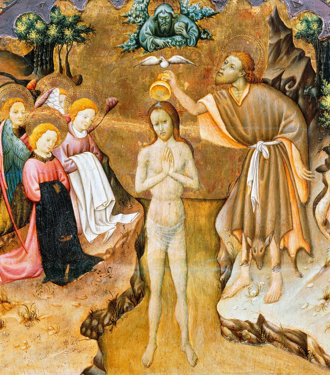 基督的洗礼，维克大教堂祭坛画的前部细节，由Bernat Martorell（约1400-1452年）创作，画在木头上。加泰罗尼亚的哥特式艺术。 作者 伯纳多·马托雷尔