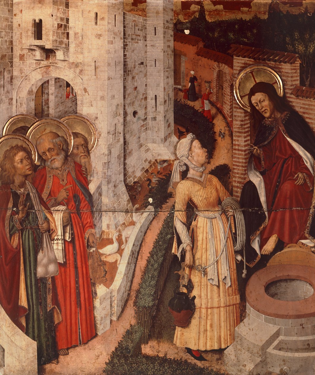 耶稣和撒玛利亚妇女，变容祭坛画的细节，约1445年（木板画）。 作者 伯纳多·马托雷尔