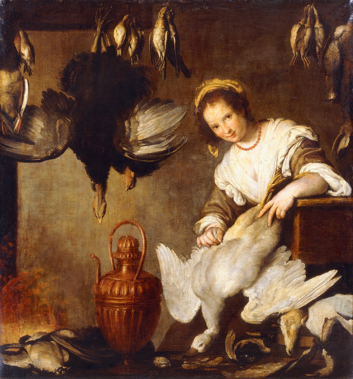 La Cuoca-厨房女仆，在室内采鹅， 作者 贝尔纳多·斯特罗兹（Bernardo Strozzi）