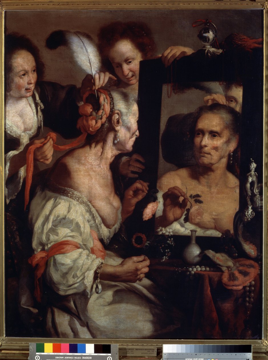 La coquette agee，vanite（老雏妓，vanitas）。贝尔纳多-斯特罗齐（1581-1644 年）的画作。布面油画 作者 贝尔纳多·斯特罗兹（Bernardo Strozzi）