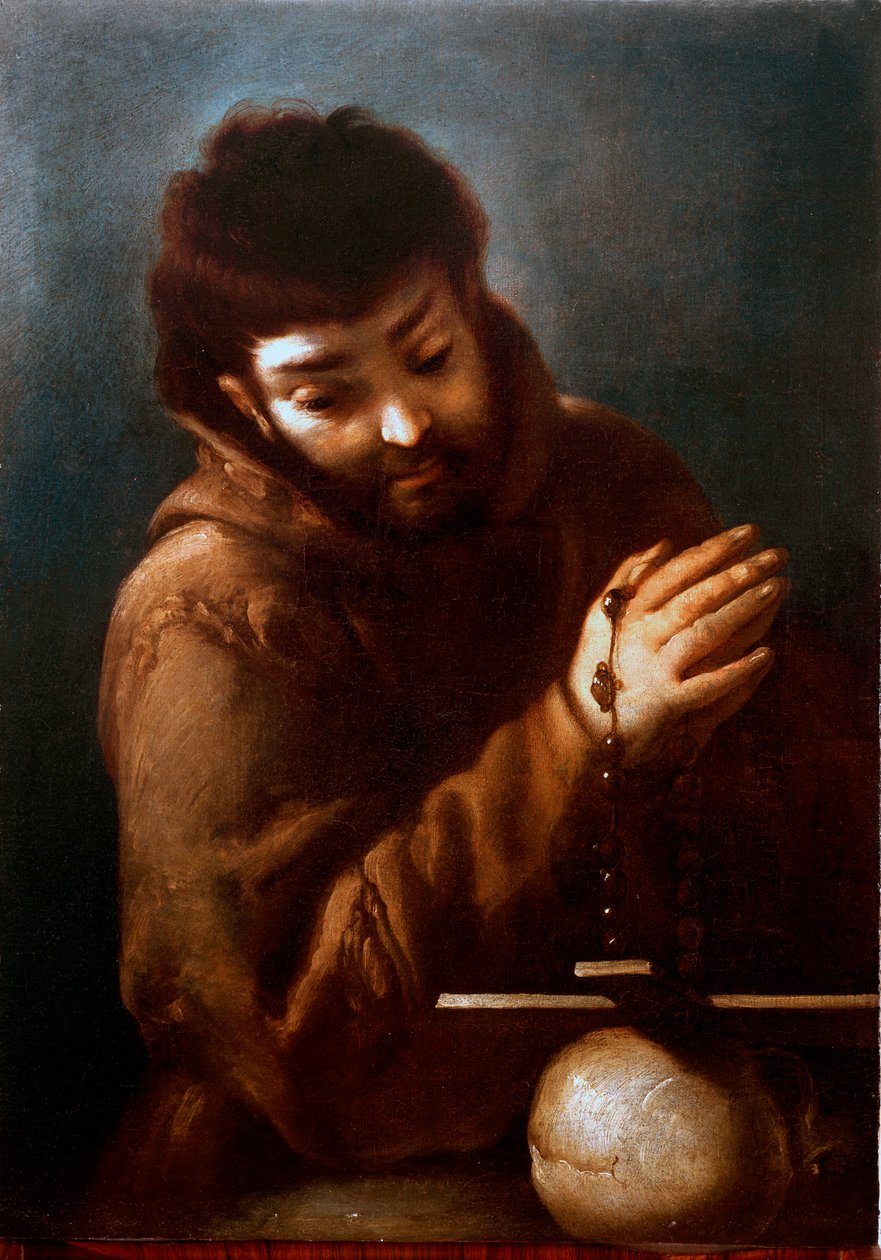 Representation of Saint Francois of Assisi worshipping the crucifix Painting by Bernardo Strozzi (1581-1644) 17th century Private collection 作者 贝尔纳多·斯特罗兹（Bernardo Strozzi）