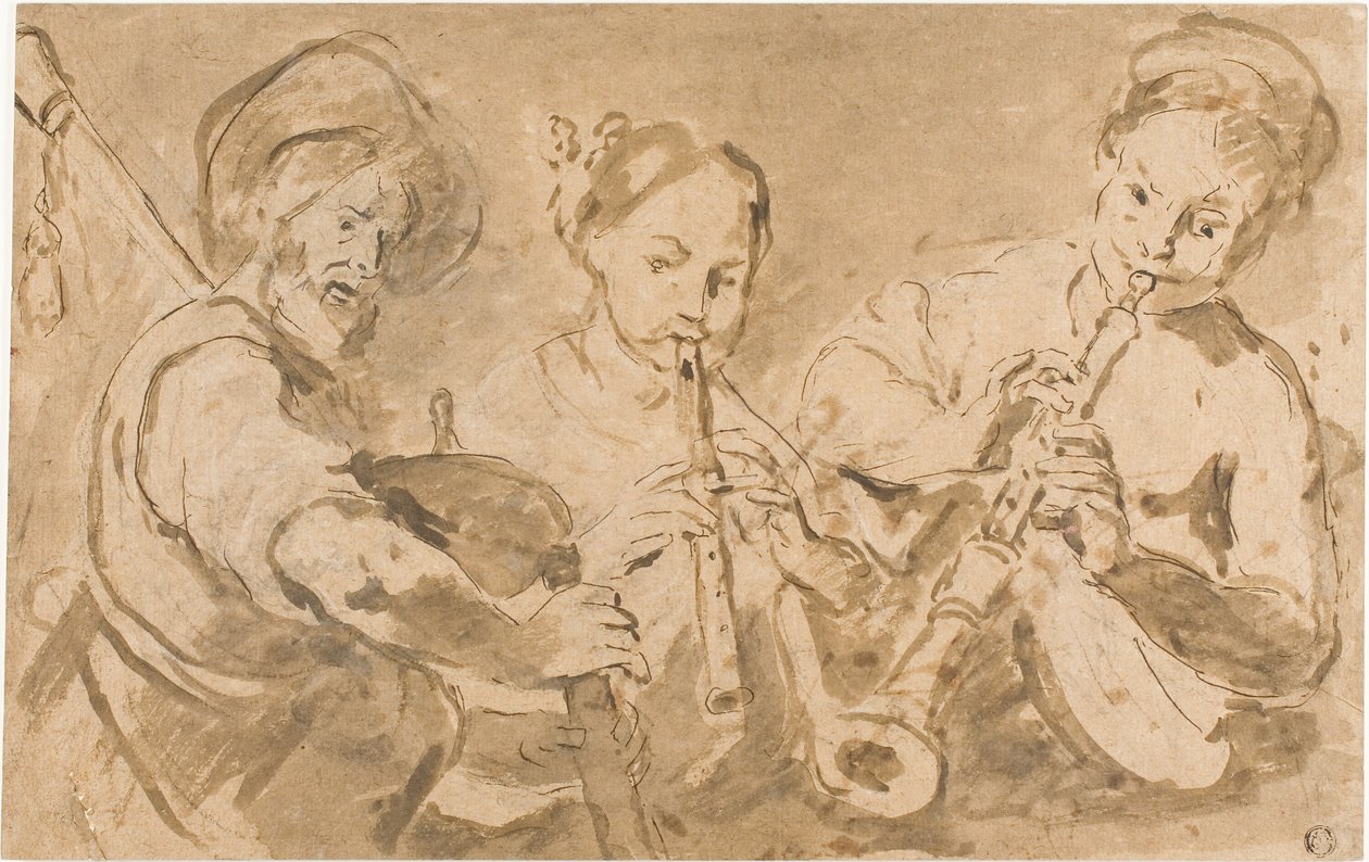 三位音乐家演奏号角和烟斗 作者 贝尔纳多·斯特罗兹（Bernardo Strozzi）