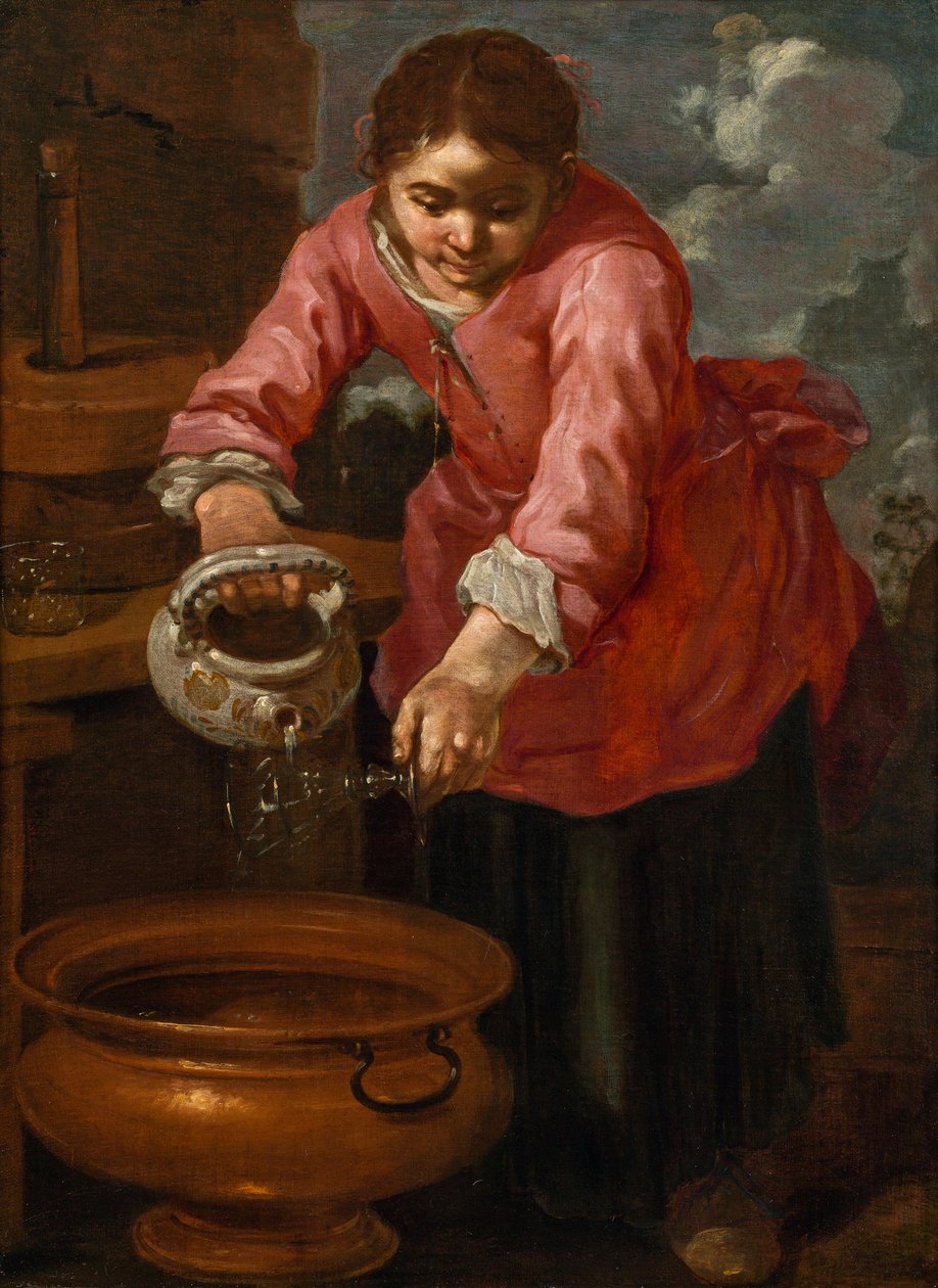 意大利语：  Lavaggio di un vetro di vino 一位年轻女子在洗杯子（"水的寓言"）。 作者 伯恩哈德·基尔