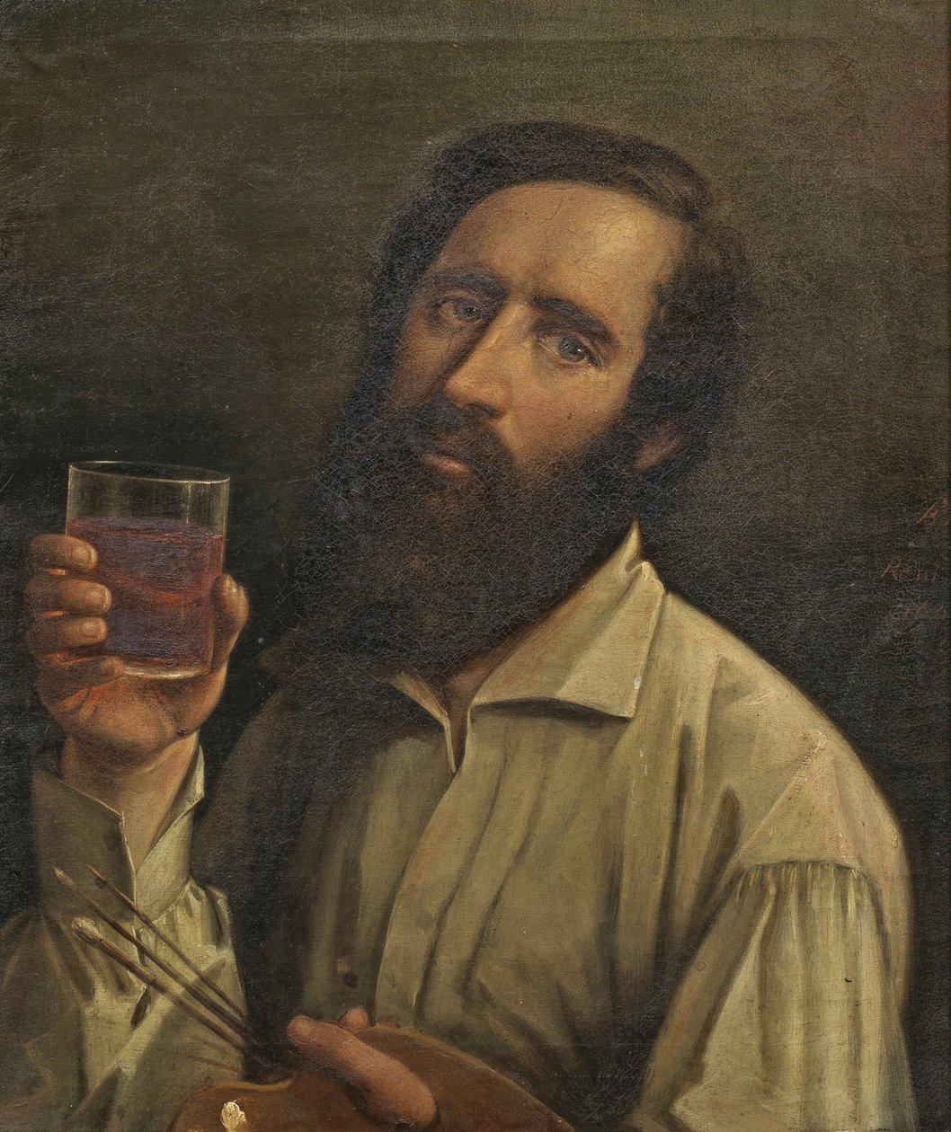 伯恩哈德-普洛克霍斯特 - 拿着调色板和酒杯的自画像，1854 年 作者 伯恩哈德·普克霍斯特