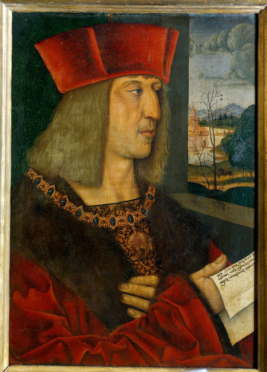 马克西米利安一世（1459-1519）的肖像 伯纳德-斯特里格尔（1460-1528）的绘画 15世纪。直径0,38 x 0,28米 作者 伯恩哈德·斯特里格尔