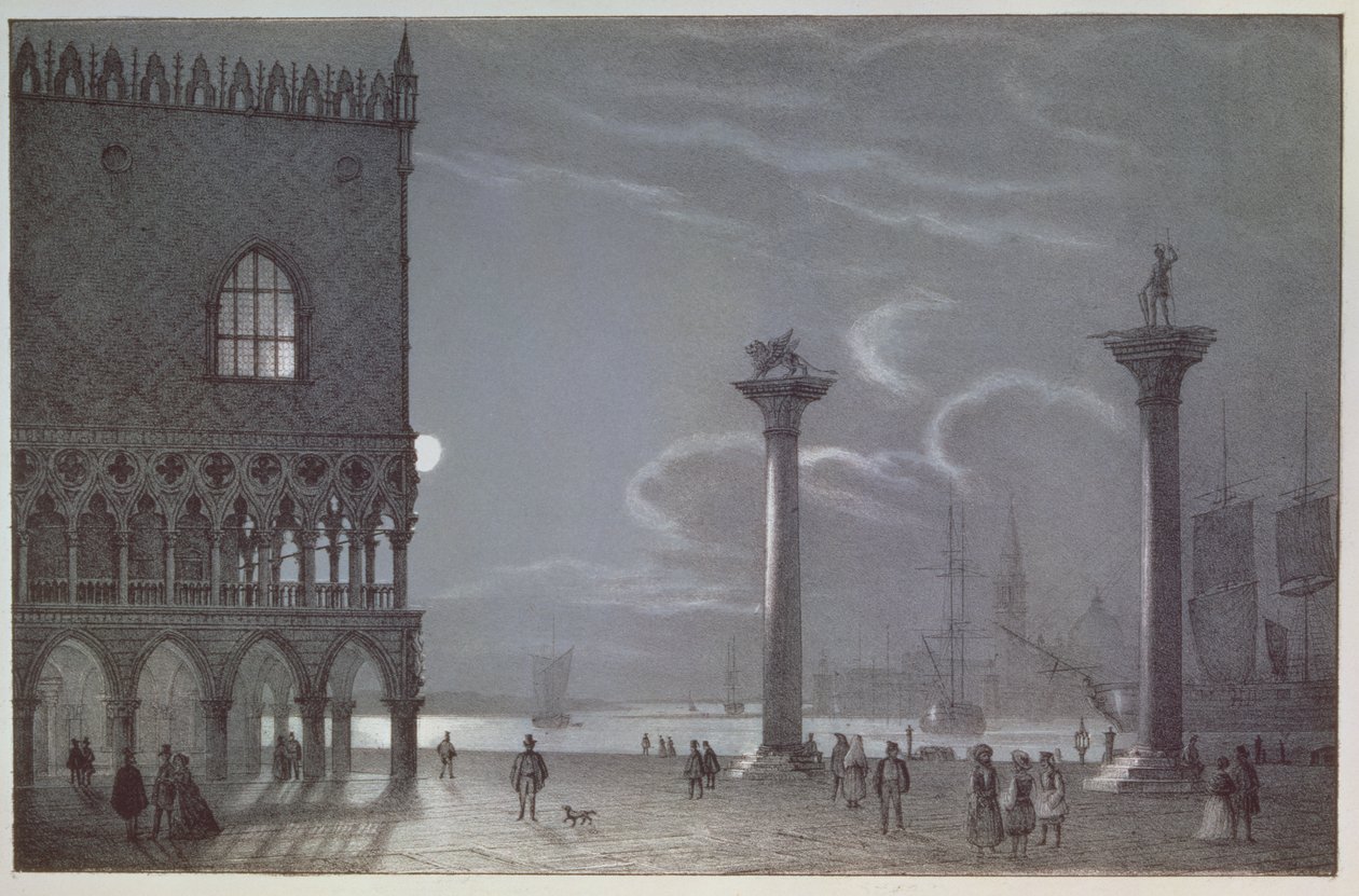 Palazzo Ducale的夜间场景和威尼斯的两个柱子，由Brizeghel雕刻 作者 贝尔塞利