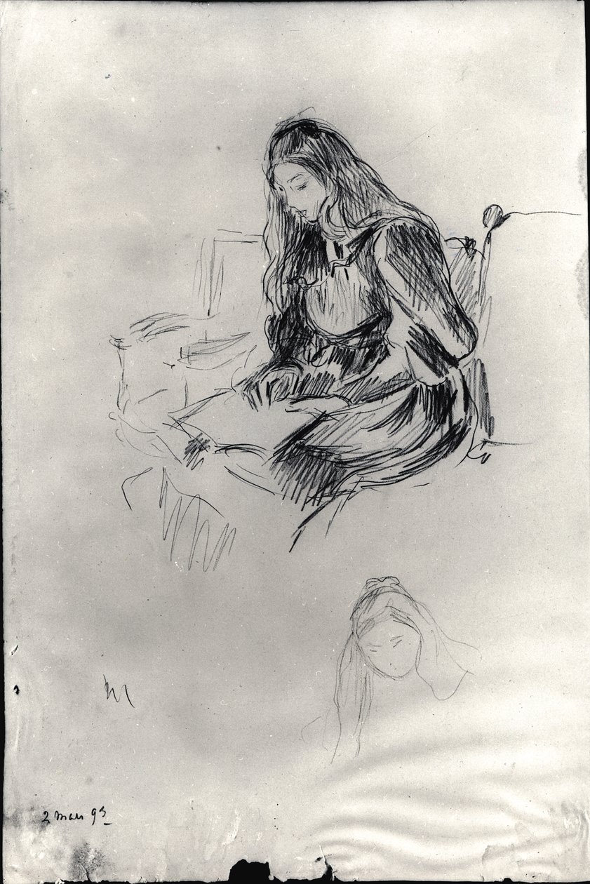 Julie Manet（1878-1966）读书，1893年3月2日（纸上黑铅） 作者 贝特·莫里索（Berthe Morisot）