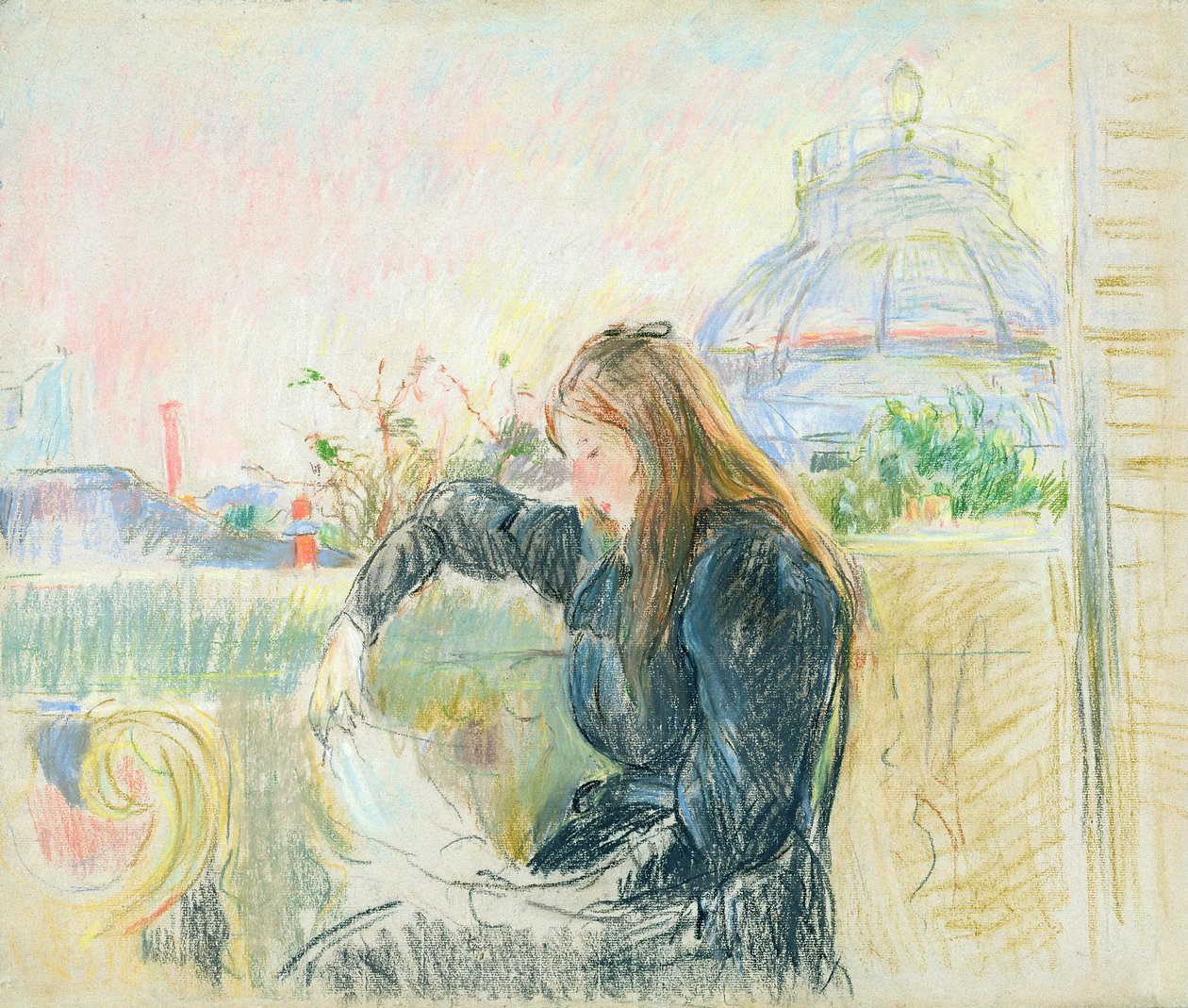 在阳台上，1893年（纸上粉彩） 作者 贝特·莫里索（Berthe Morisot）