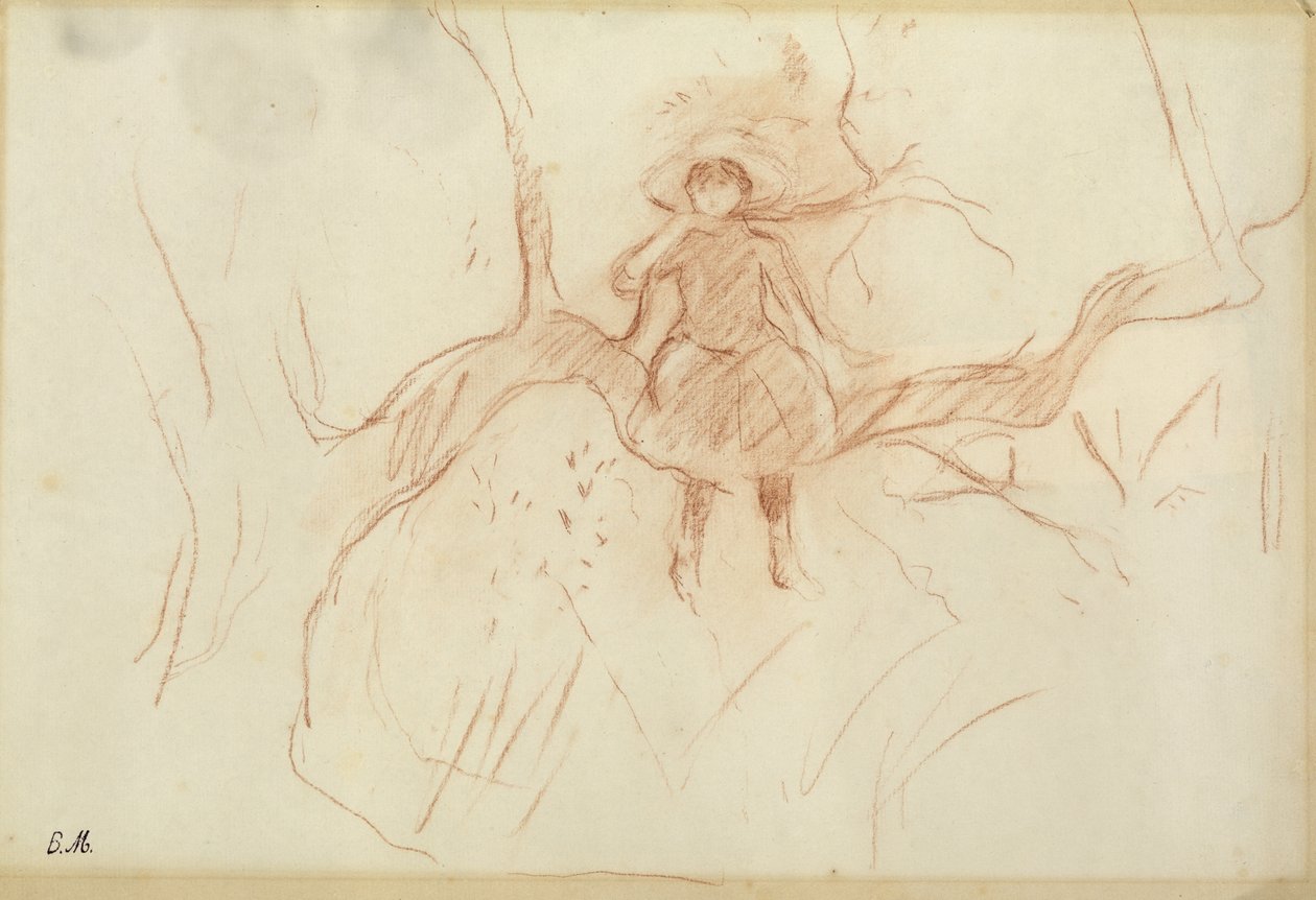 栖息在树上，1889年（纸上的红色粉笔） 作者 贝特·莫里索（Berthe Morisot）