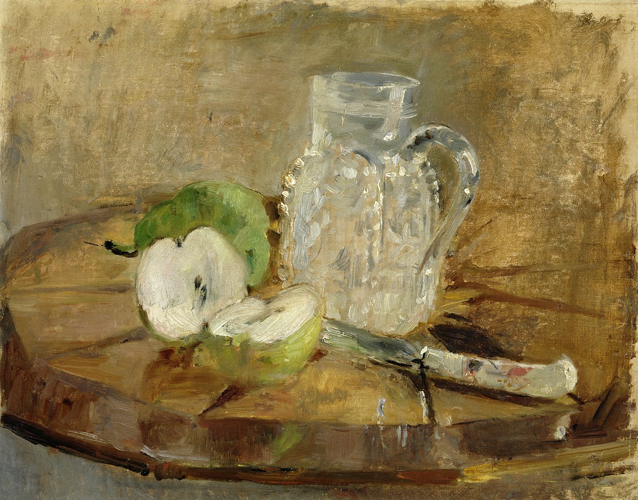 静物与切苹果和投手，1876年 作者 贝特·莫里索（Berthe Morisot）