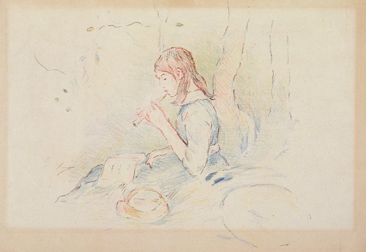 The Flageolet Player，1890（彩色铅笔在纸上） 作者 贝特·莫里索（Berthe Morisot）