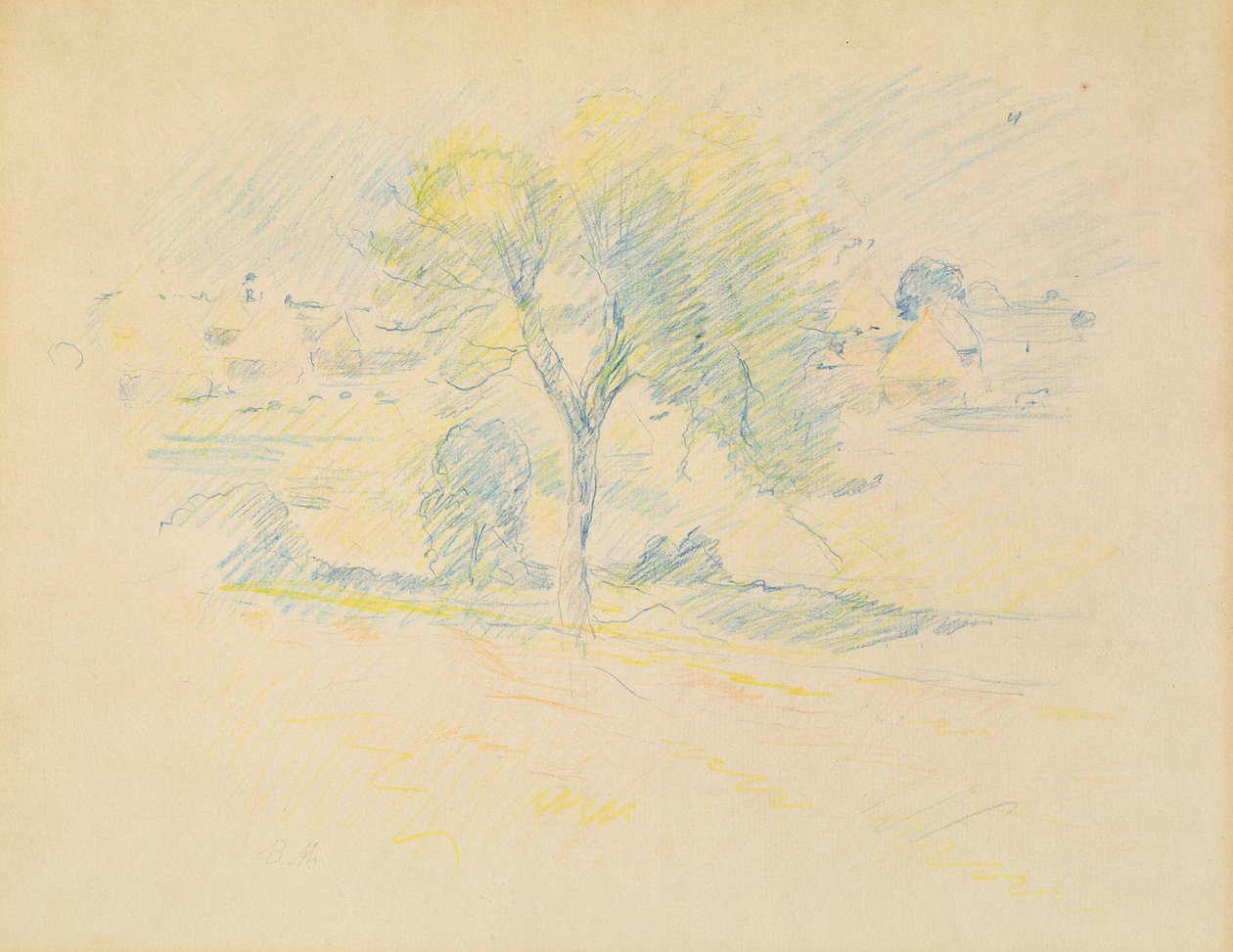 树木和磨石，1883年（彩色铅笔在纸上） 作者 贝特·莫里索（Berthe Morisot）
