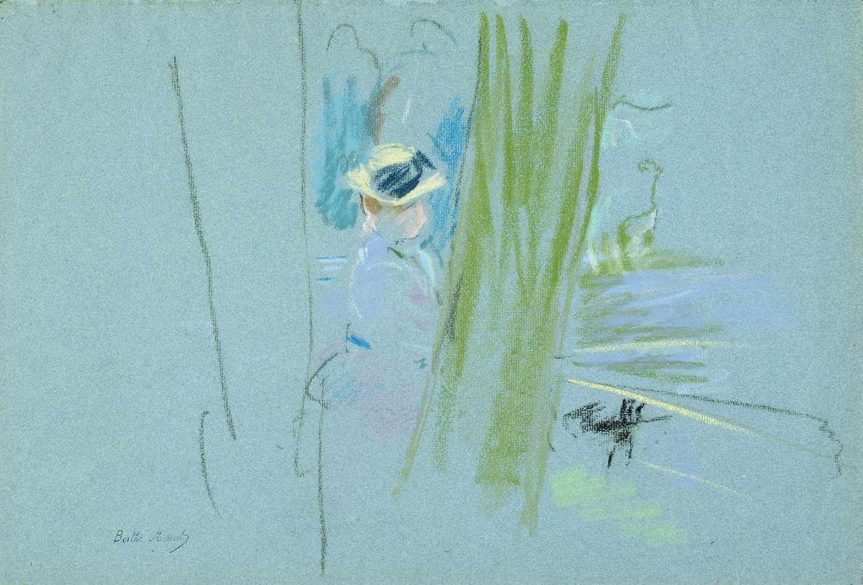 女人在湖边钓鱼，1885年（纸上粉彩） 作者 贝特·莫里索（Berthe Morisot）