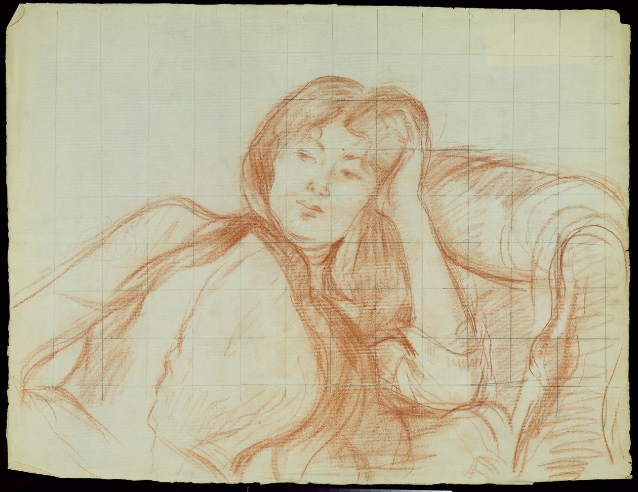 年轻的女孩靠在她的手肘，1887年（纸上的红色粉笔） 作者 贝特·莫里索（Berthe Morisot）
