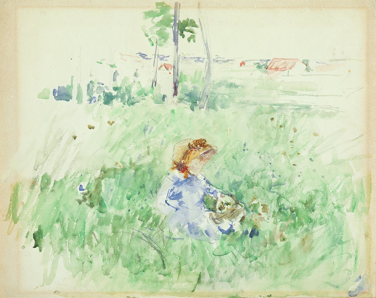 年轻女孩坐在草坪上，1882年 作者 贝特·莫里索（Berthe Morisot）
