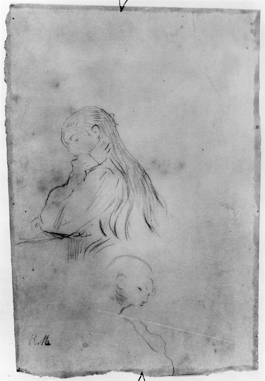 年轻女孩写作，1891年（纸上的木炭） 作者 贝特·莫里索（Berthe Morisot）
