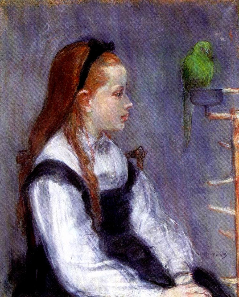 鹦鹉的年轻女孩，c.1873（纸上粉彩） 作者 贝特·莫里索（Berthe Morisot）