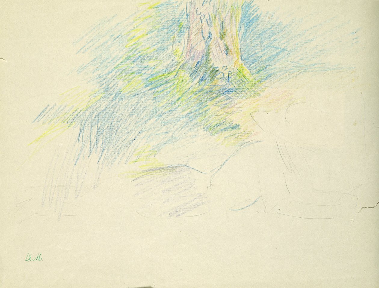 年轻的女孩躺在树下，1891年（彩色铅笔在纸上） 作者 贝特·莫里索（Berthe Morisot）